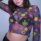 Flowers Print Mesh T Shirt