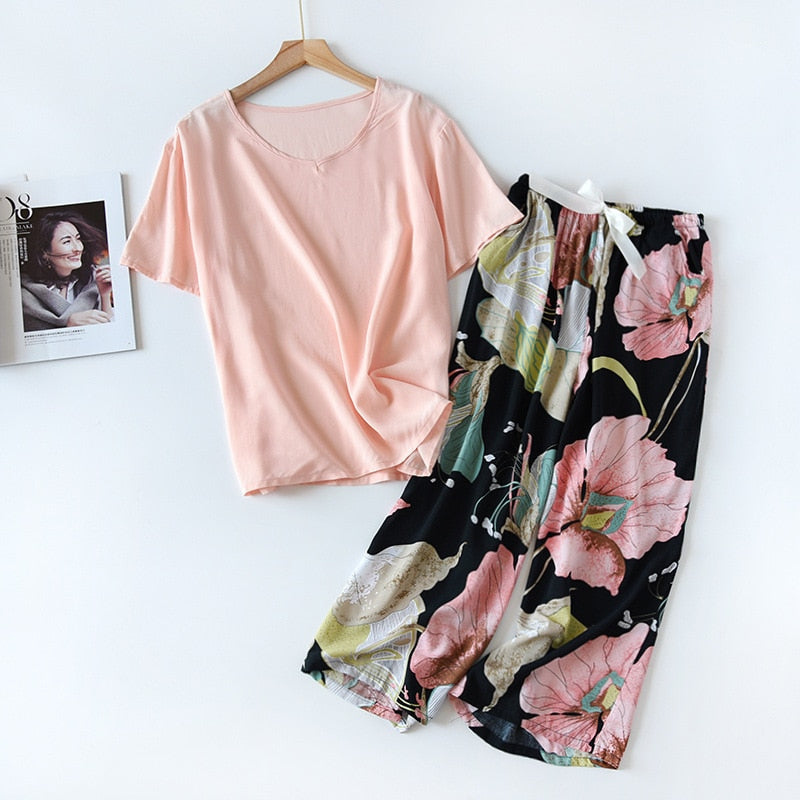 Floral Printed Short Sleeve+Pants 2Pcs Set