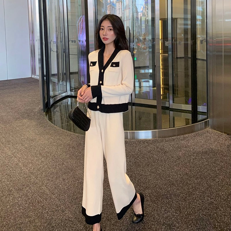 Black/White Knitted Wide-Leg Pants Two-Piece Suit