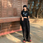 Black Denim Hearts Wide Leg Pants