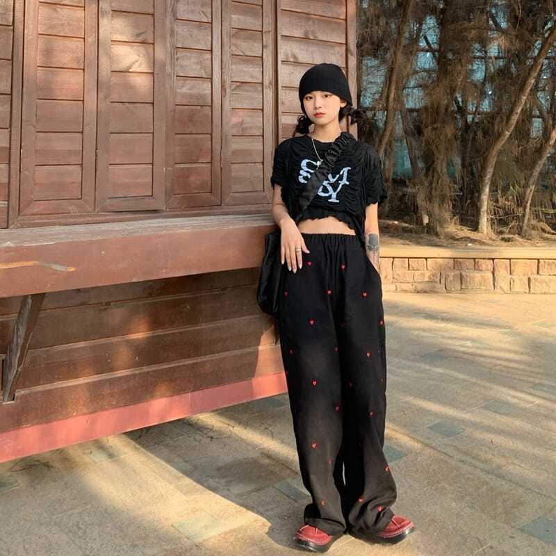 Black Denim Hearts Wide Leg Pants