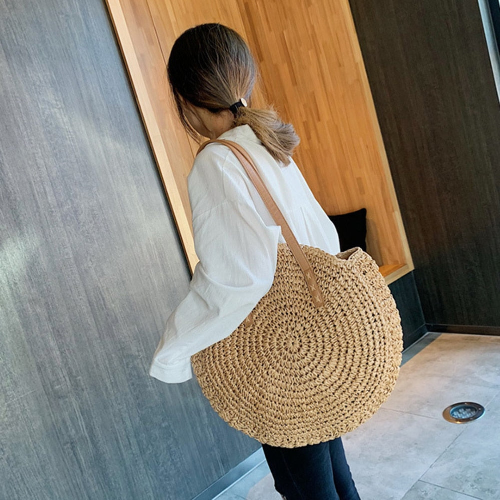 Straw Woven Round Shoulder Shopping Bag