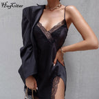 Black Lace Mini Slip Slit Dress