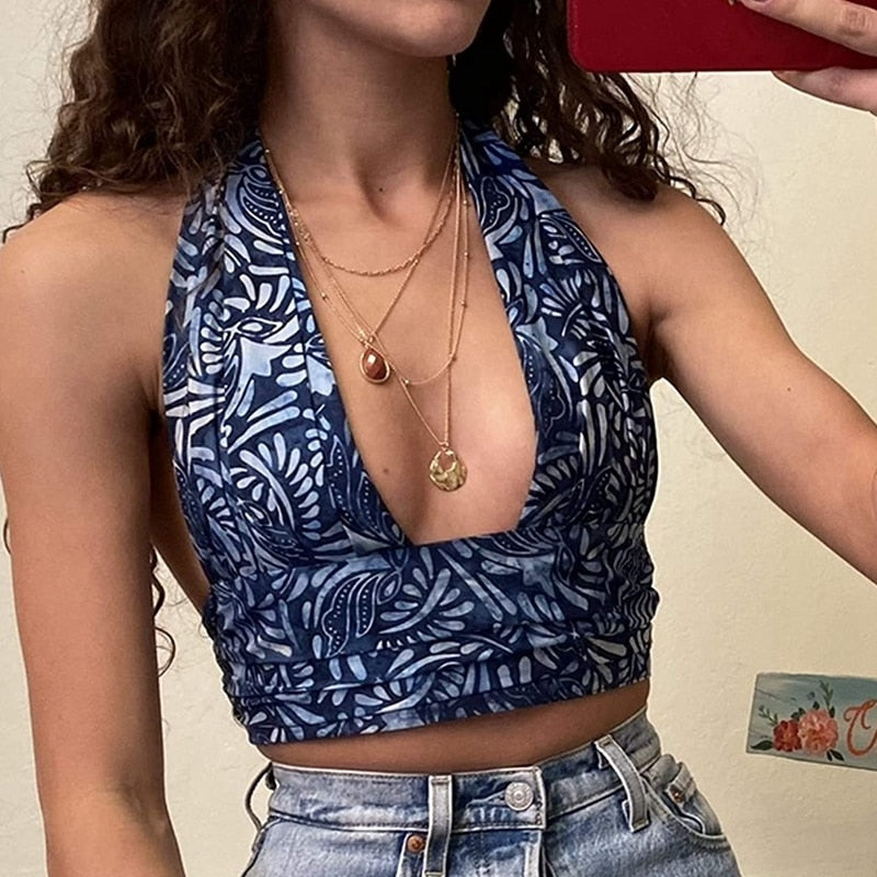 Blue Floral Halter Crop Top