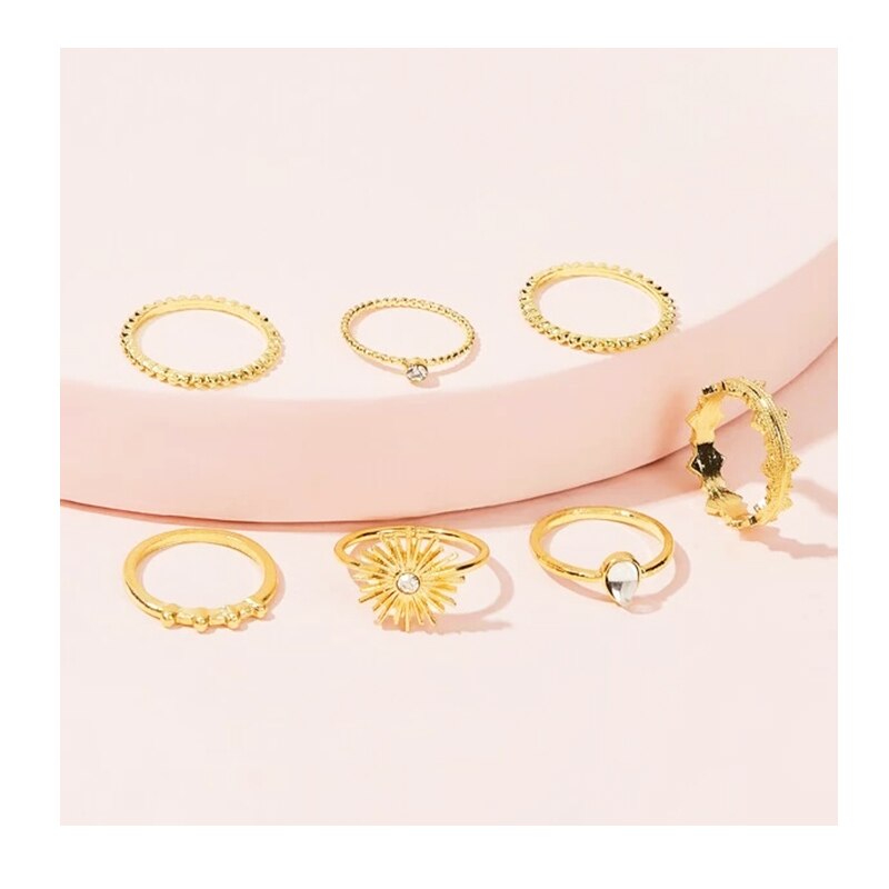 7Pcs Set Rhinestone Sun Shape  Gold Ring