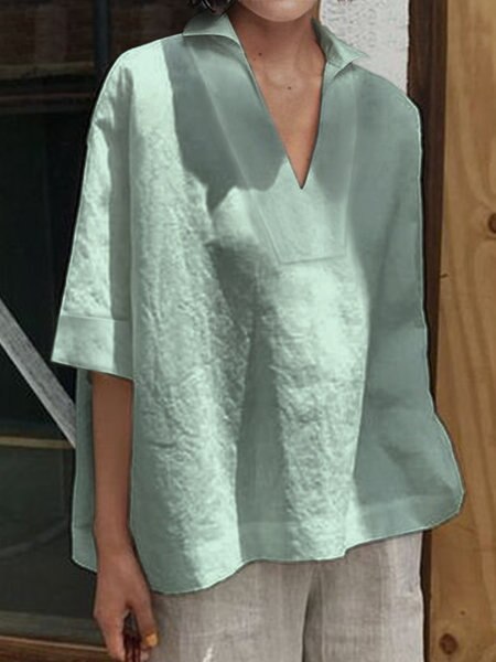 V Neck Cotton Linen Shirt