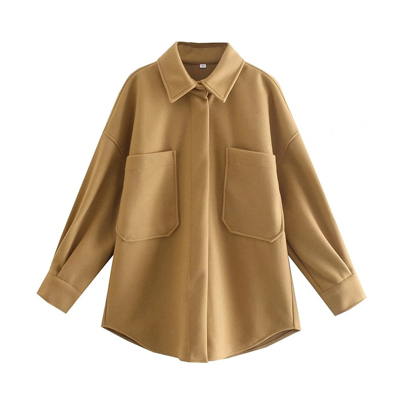 Camel Loose Pocket Woolen Jacket
