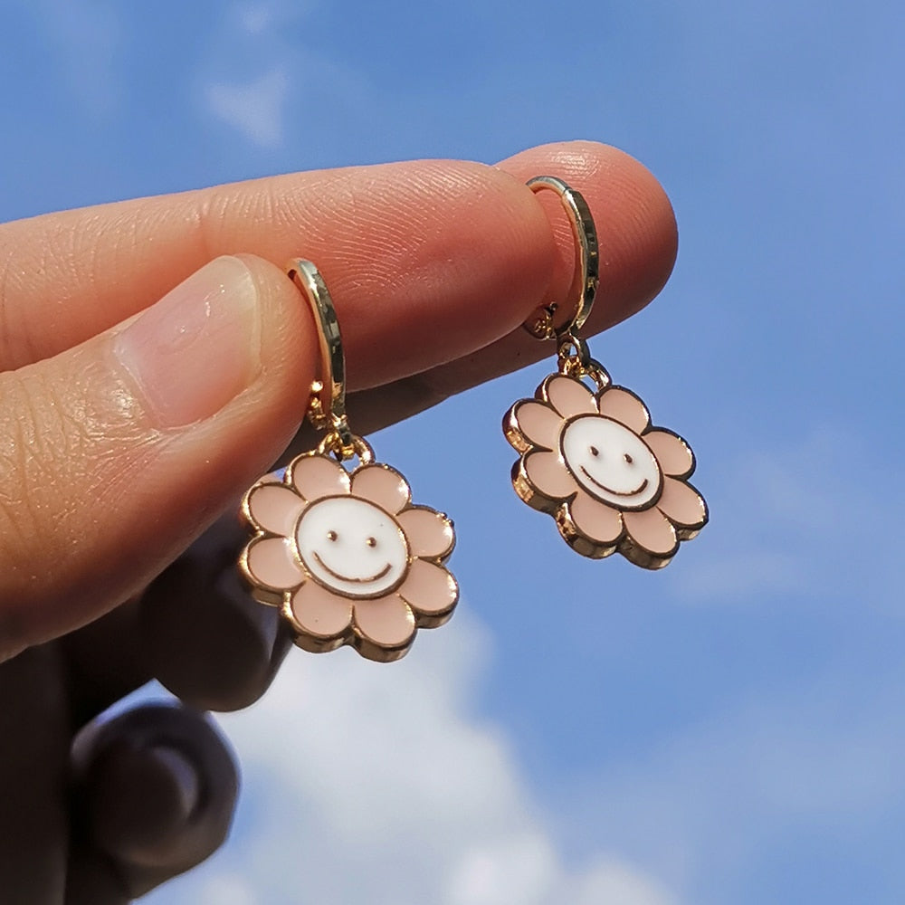 Pink Daisy Sunflower Hoop Earrings