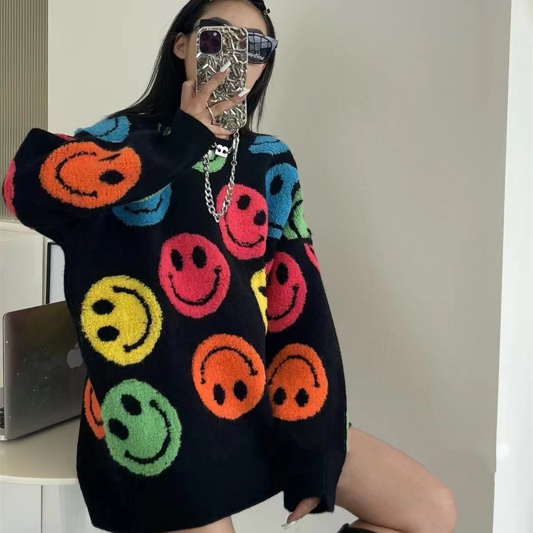 Smiling Face Knit Sweater Oversized