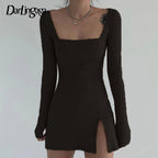 Square Neck Ribbed Black Dress