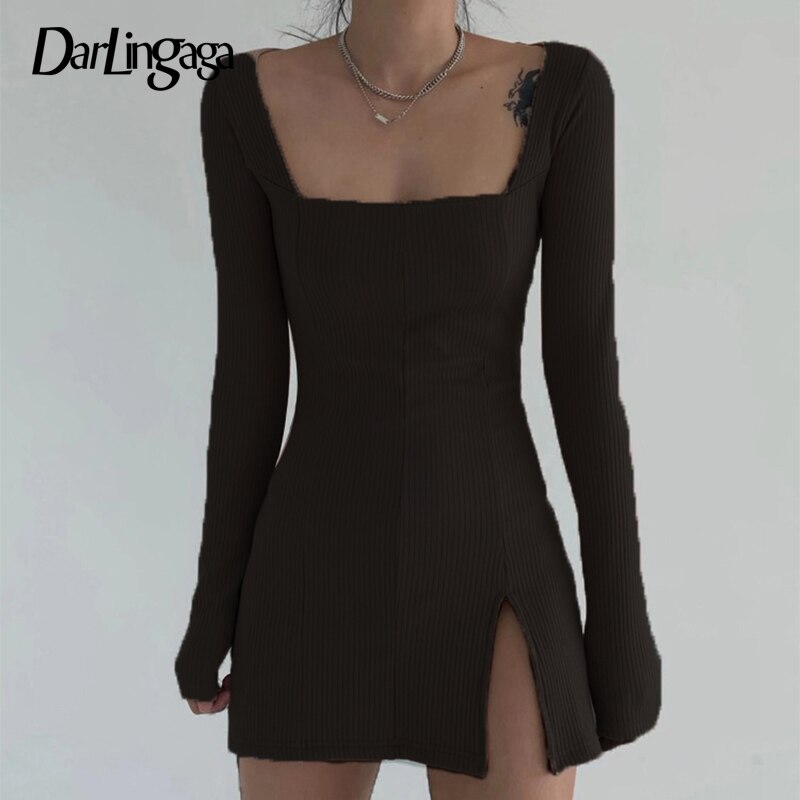 Square Neck Ribbed Black Dress