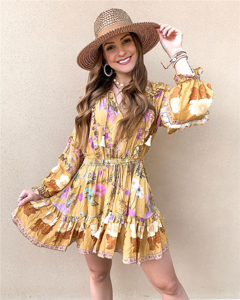 Boho Floral Print Long Sleeve Dress