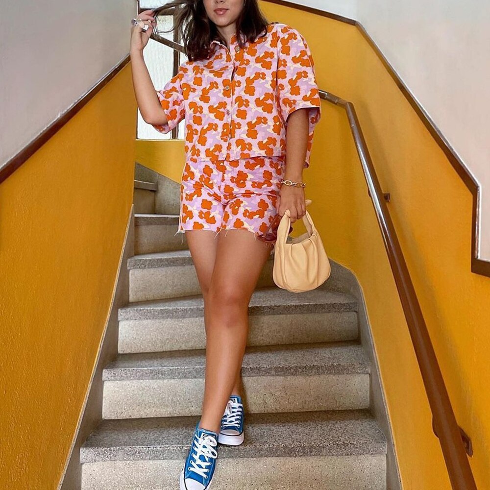 Flowers Print Denim Cotton Two-piece Set