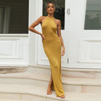 Yellow Knitted Halter Backless Maxi Dress