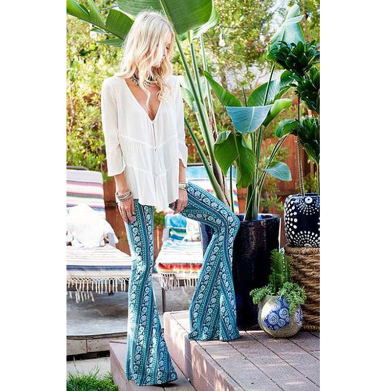 Blue Floral Tie-Dye Trumpet Pants