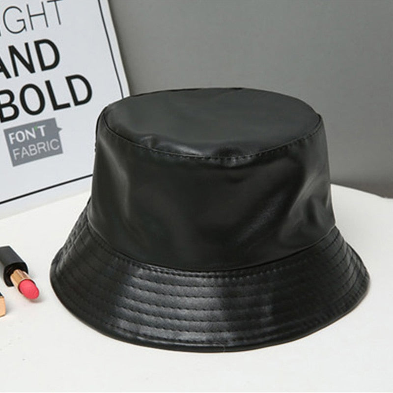 Black Soft PU Leather Bucket Cap