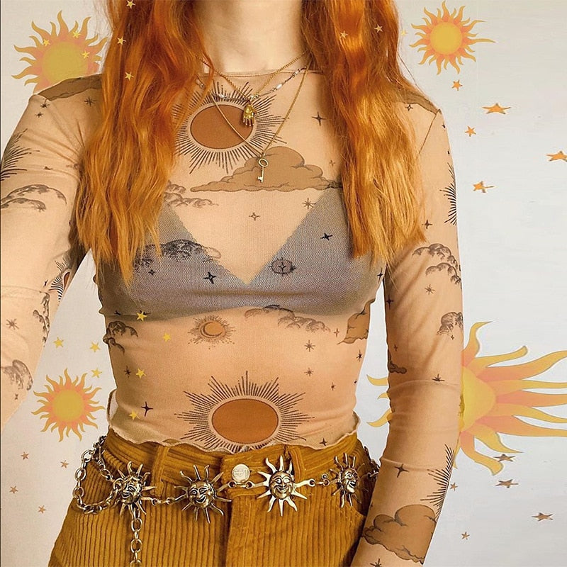 Sun/Moon Long Sleeve Mesh Crop Tops