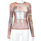 Mesh Crop Top Print See Through Long Sleeve