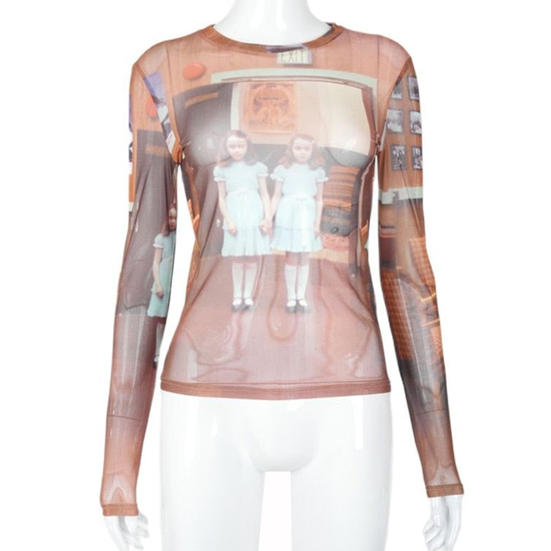 Mesh Crop Top Print See Through Long Sleeve
