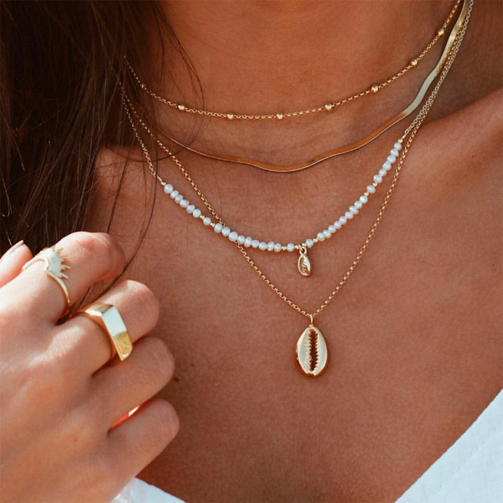 Gold Pearl  Shell Pendant Necklace