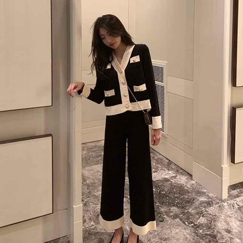 Black/White Knitted Wide-Leg Pants Two-Piece Suit
