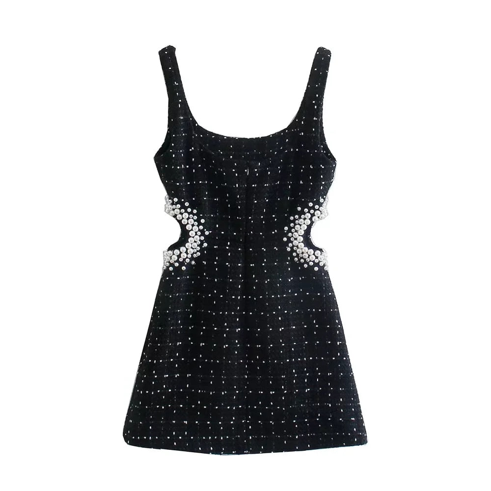 Tweed Black Plaid Hollow Out Dress