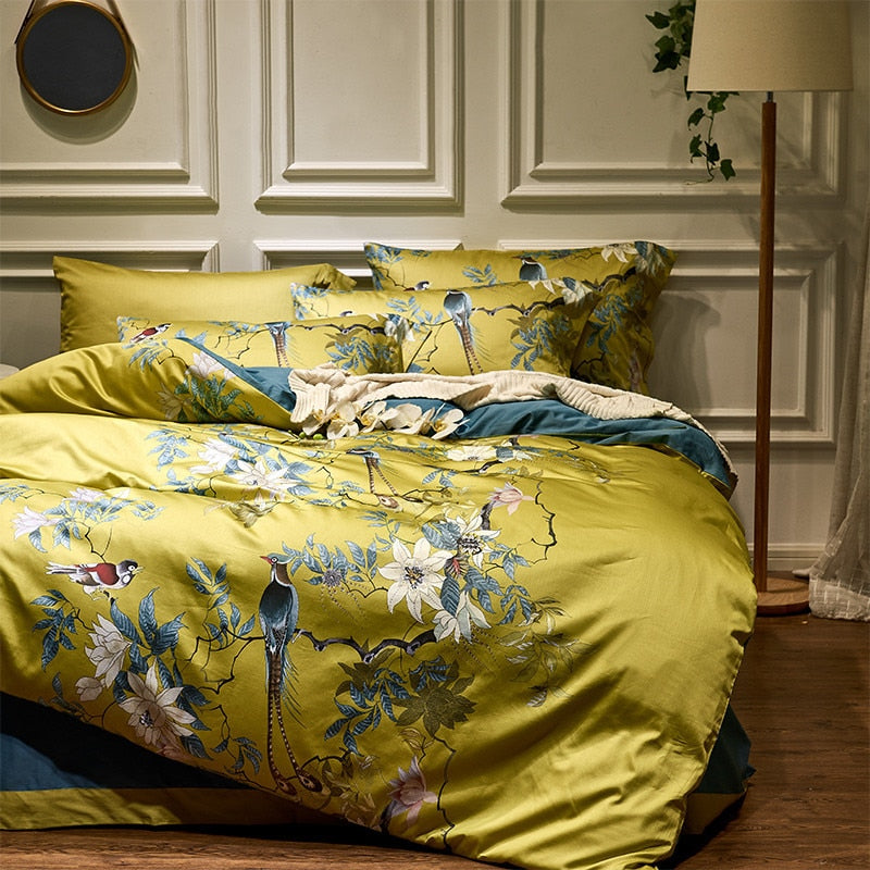 Satin Egyptian Cotton Bird Flowers Bedding Set