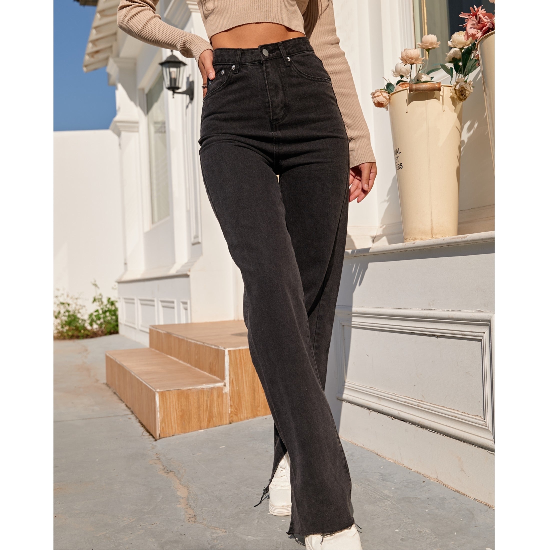 Black Straight Boyfriend Split Denim Jeans