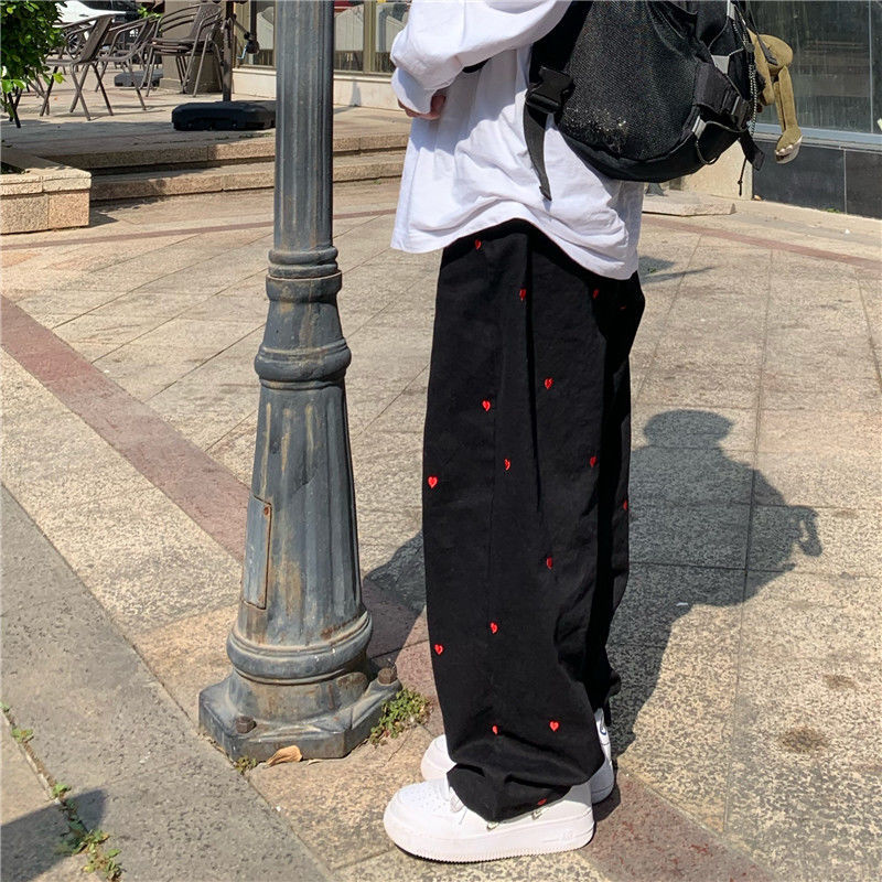 Black Denim Hearts Wide Leg Pants