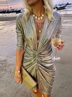 V Neck Draped Silk Dress