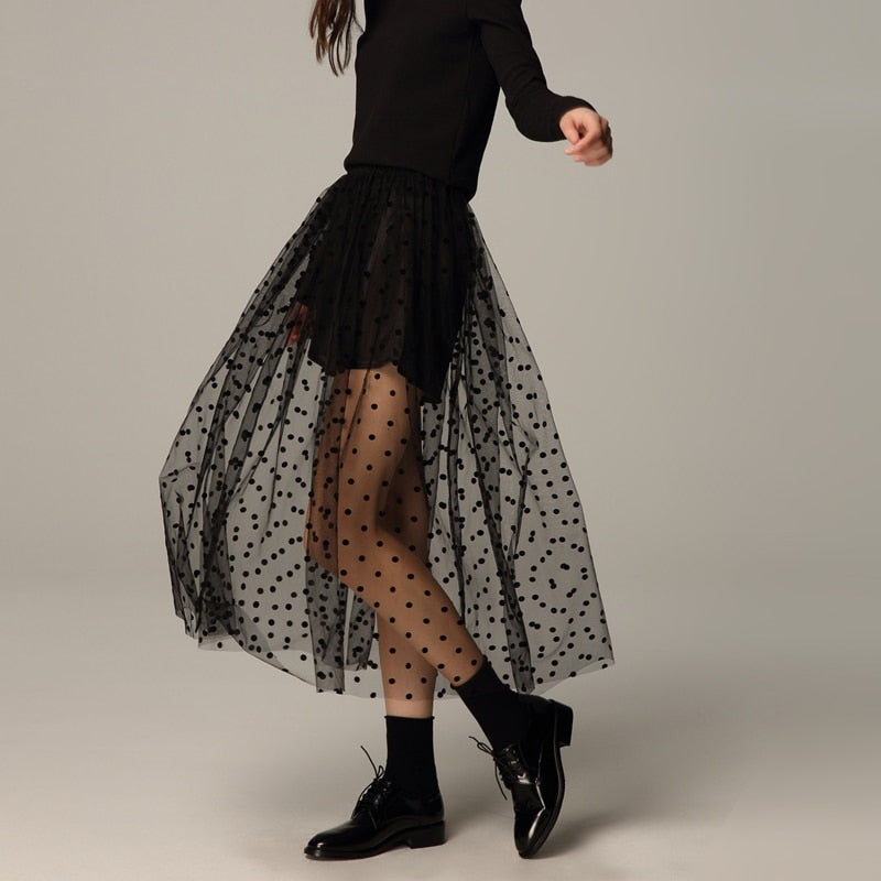Polka Dot Long Mesh Tulle Skirt