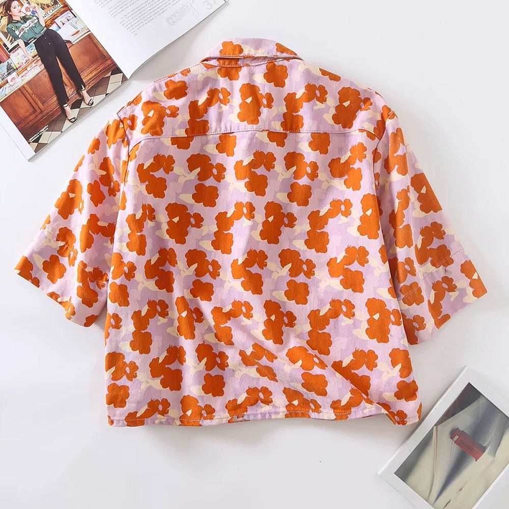 Flowers Print Denim Cotton Two-piece Set