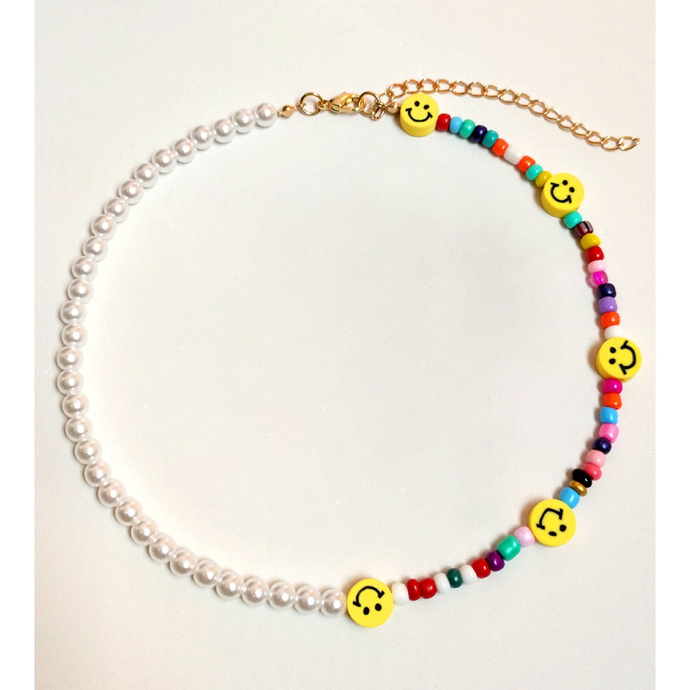 Boho Smiley Pearl Rainbow Choker Necklace
