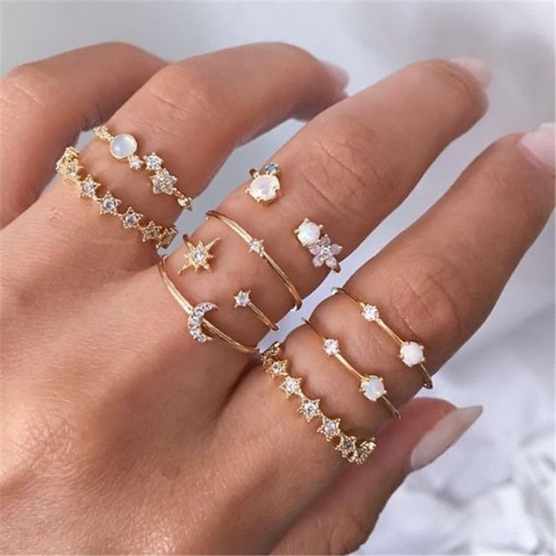 Star Moon Rhinestone Gold Ring