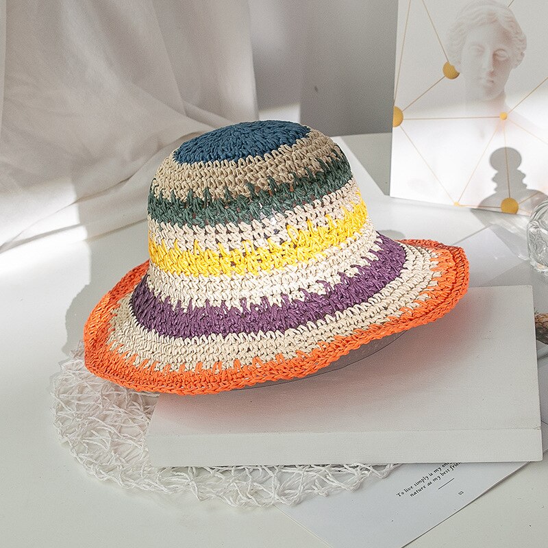 Straw Handmade Rainbow Striped Crochet Bucket Hat