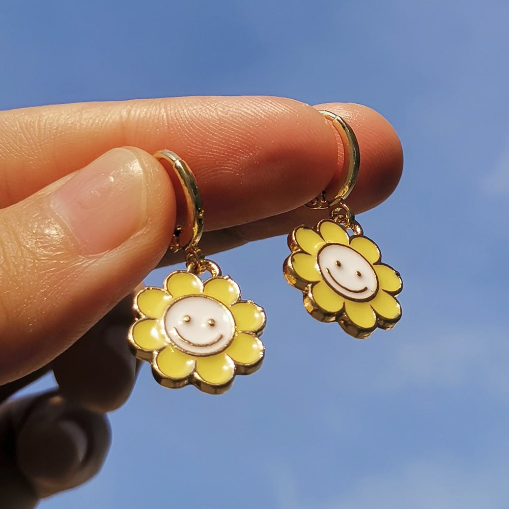 Yellow Smile Face Daisy Hoop Earrings