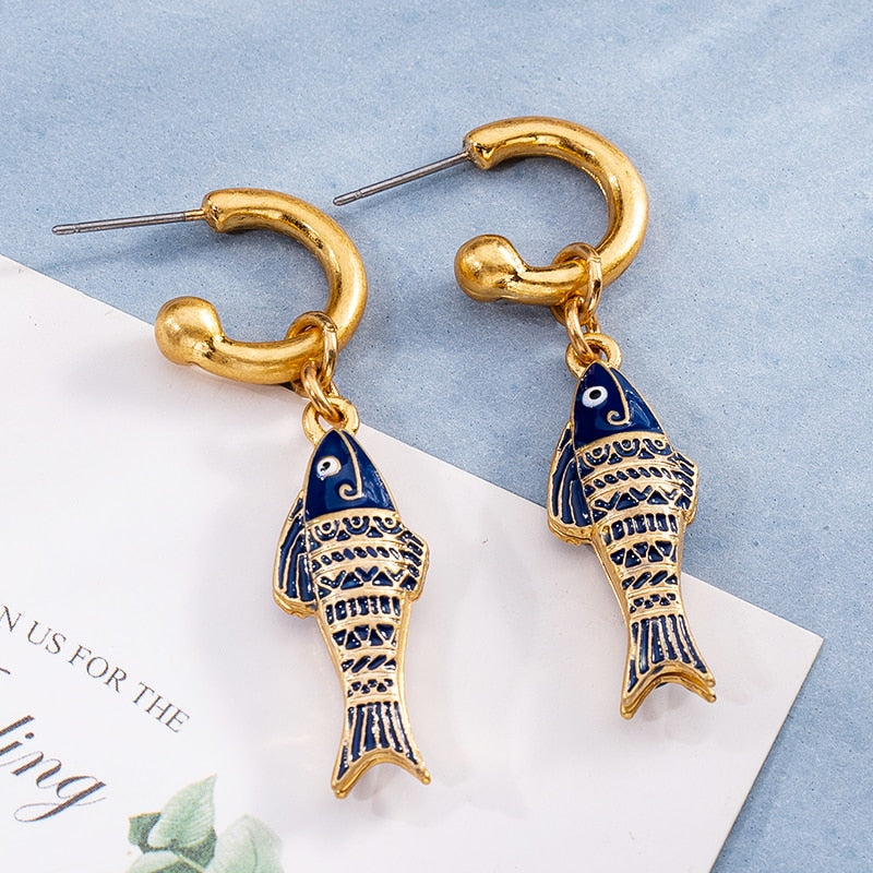 Blue/Gold Fish Drop Earrings