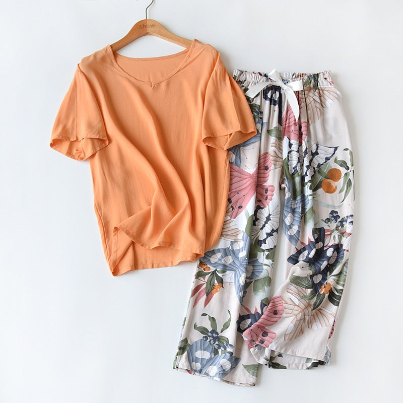 Floral Printed Short Sleeve+Pants 2Pcs Set