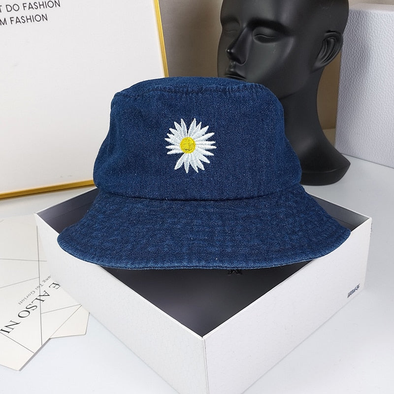 Denim Daisy Embroidery Bucket Hat