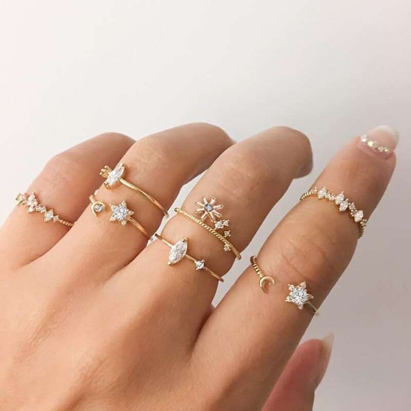 Star Moon Rhinestone Gold Ring