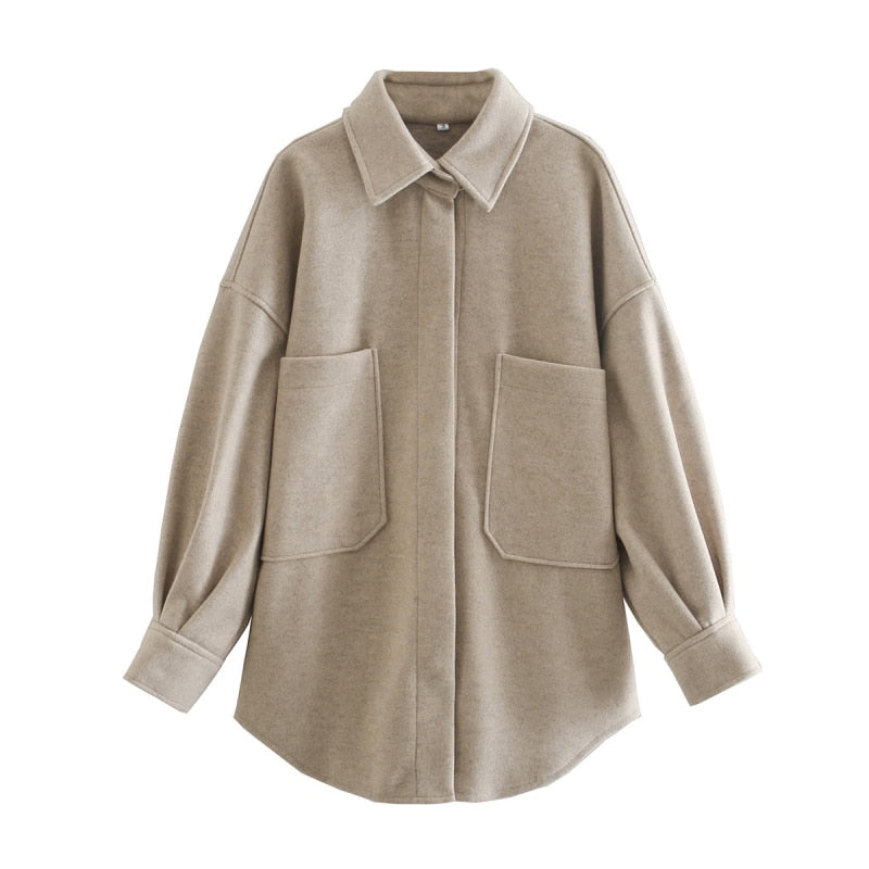 Camel Loose Pocket Woolen Jacket