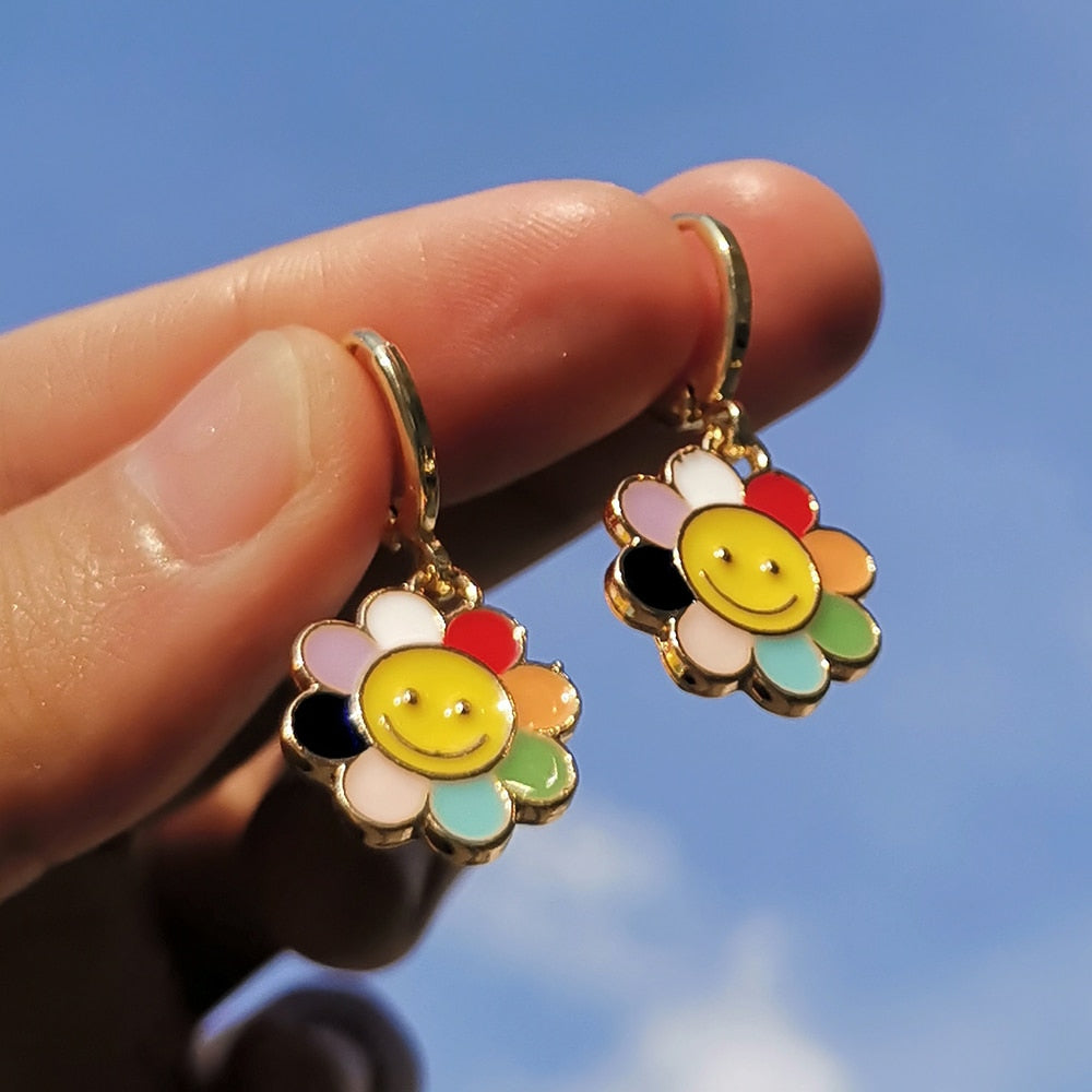Rainbow Smile Face Daisy Hoop Earrings