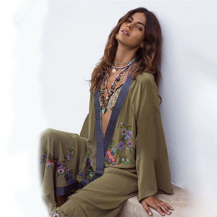 Floral Embroidery Boho Kimono