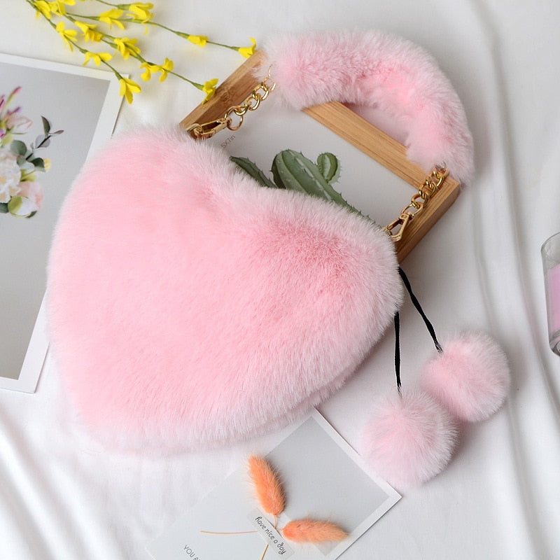 Faux Fur Heart Shaped Shoulder Bag