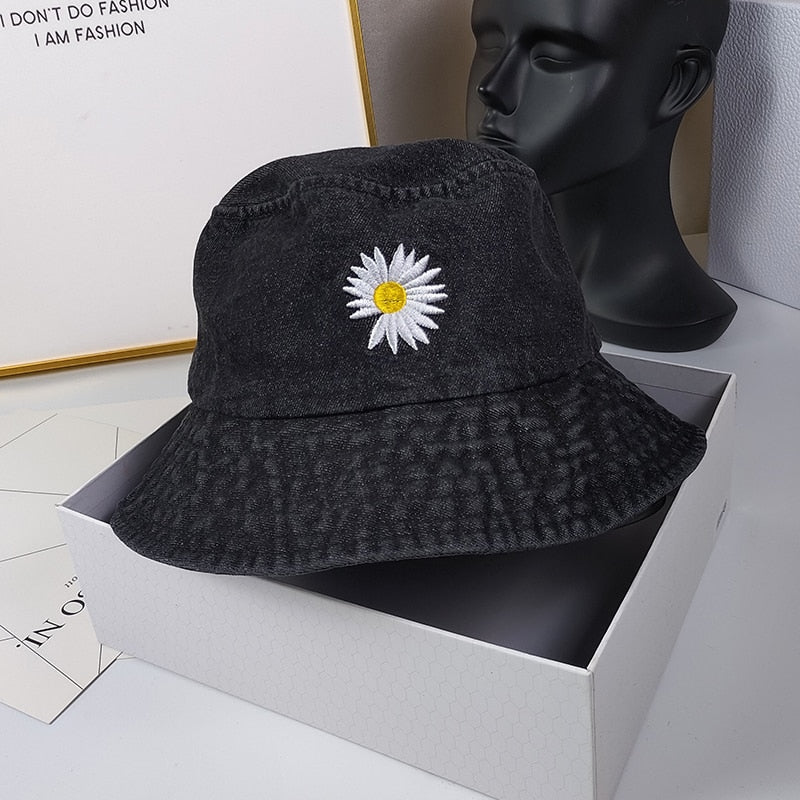 Denim Daisy Embroidery Bucket Hat