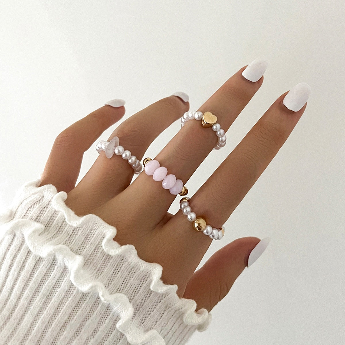 4 Pcs Pearl Stone Heart Ring