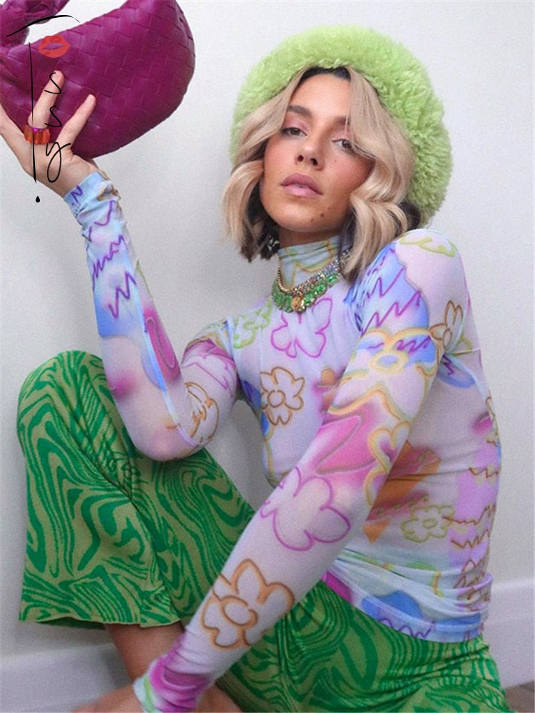 Floral Turtleneck Mesh Tshirt