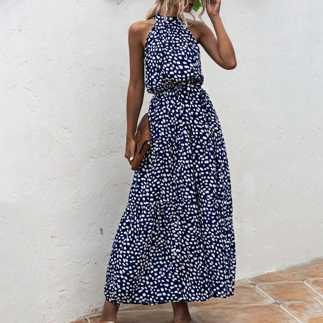 Blue Polka Dot Halter Dress