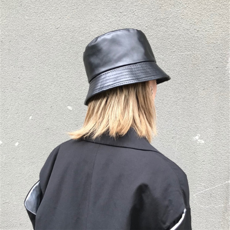 Black Soft PU Leather Bucket Cap