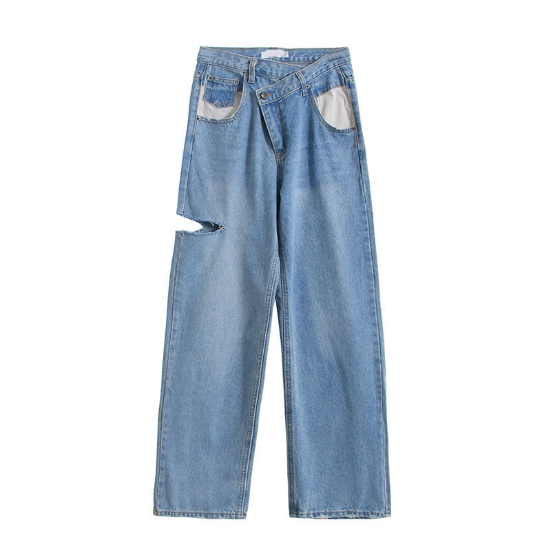 Asymmetrical Waist Straight Jeans